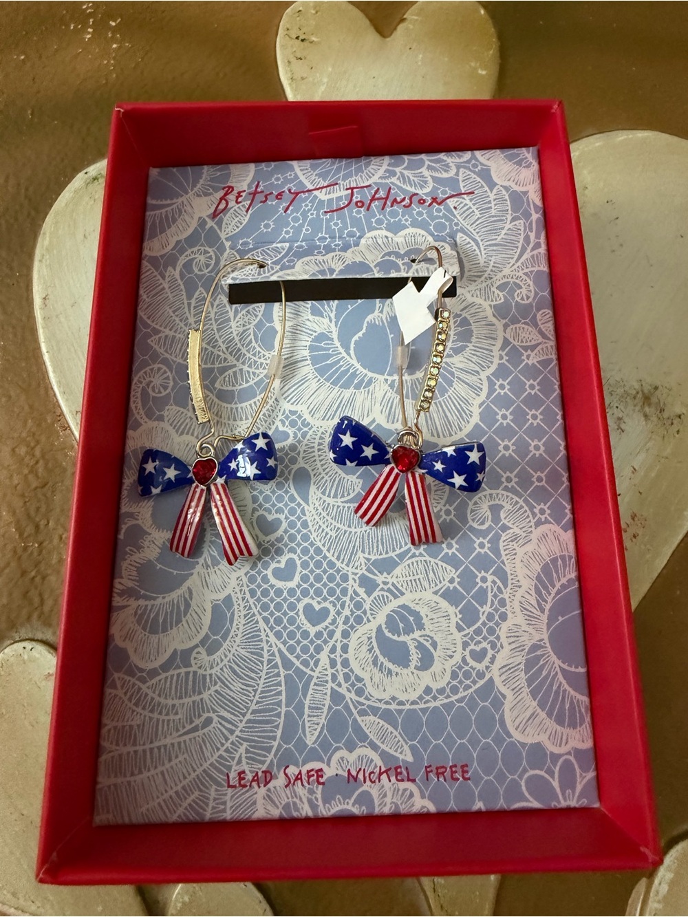 Betsey Johnson 4th of July Patriotic Red, White & Blue Bow Earrings